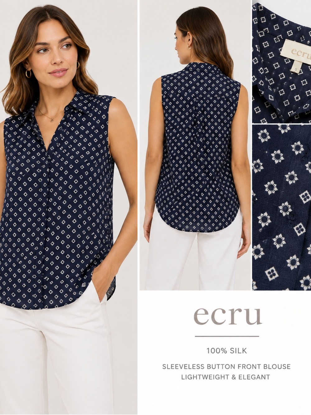 ecru Navy Sleeveless Silk Geometric Button-Front Blouse- size small